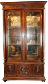 French carved oak hunt motif bookcase display cbainet