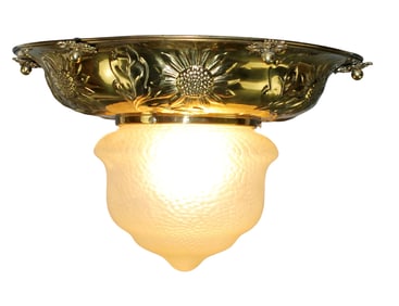 Flush mount chandelier with brass embossed sunflower and frosted shade