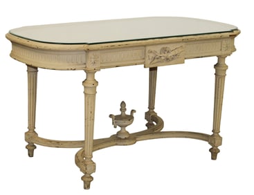 French Louis XVI style parlor table in painted walnut with a glass top