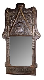 French Gothic Revival oak and embossed metal mirror