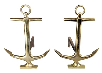 Pair of polished brass anchor andirons