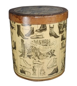 English lidded cylinder waste bin with shoe motif