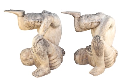 Pair of table bases with carved wood figural men