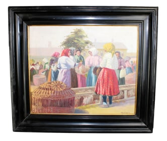 Istvan Szasz oil on canvas depicting market scene