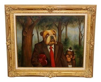 Oil on canvas painting Dog in suit with monkey