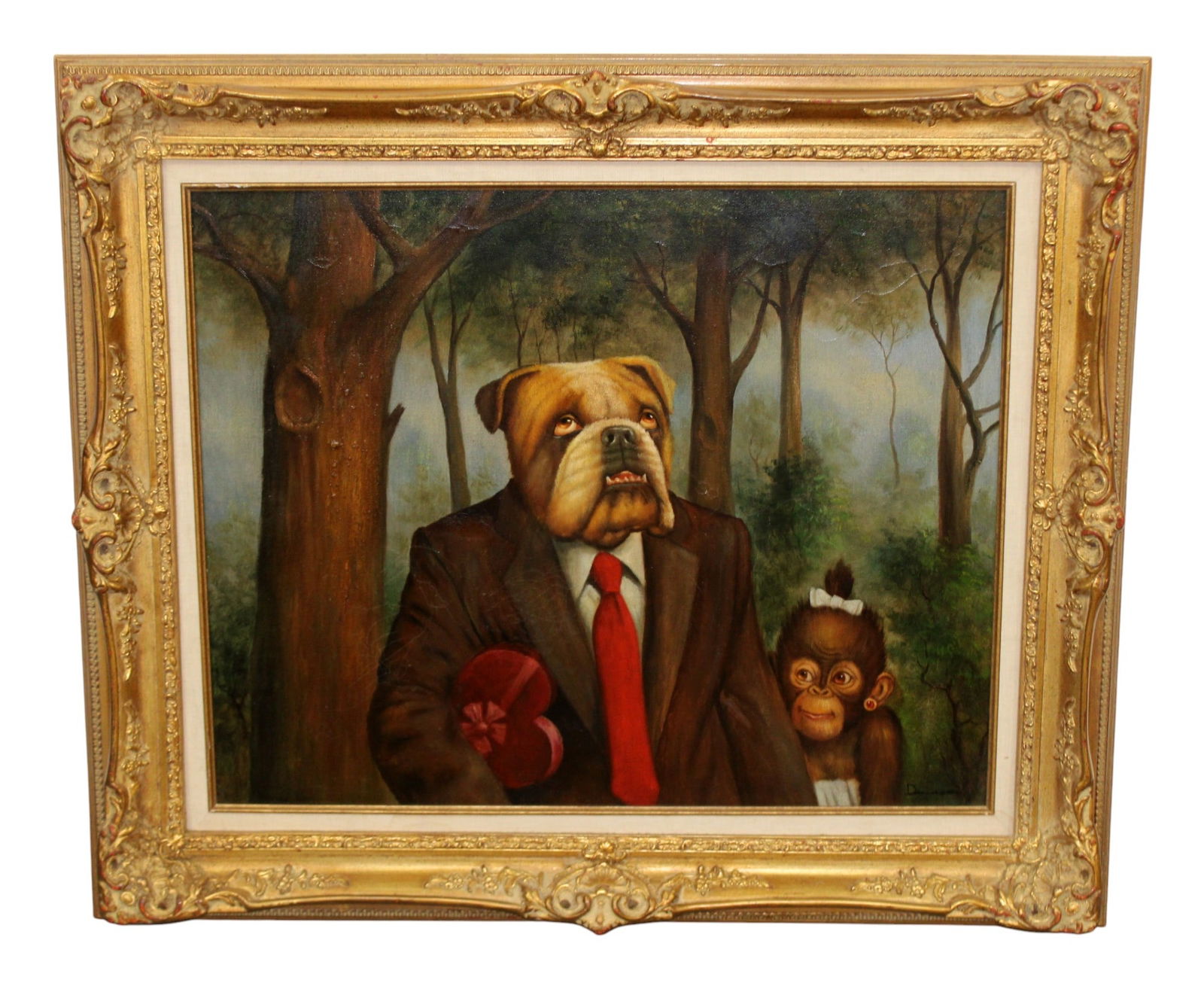 Oil on canvas painting Dog in suit with monkey: Oil on canvas painting Dog in suit with monkey. Modern. 24"h x 30"w Framed 32 3/4"h x 38 3/4"w