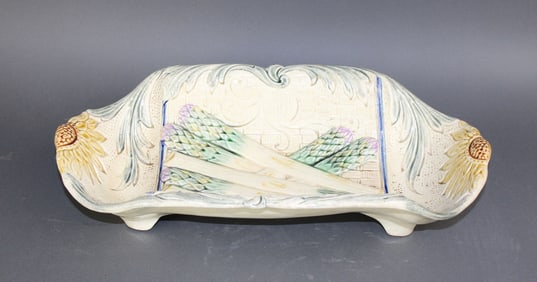 French Majolica asparagus server with sunflowers