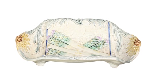 French Majolica asparagus server with sunflowers