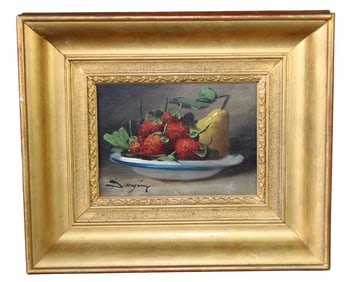 French oil on canvas painting still life with strawberries
