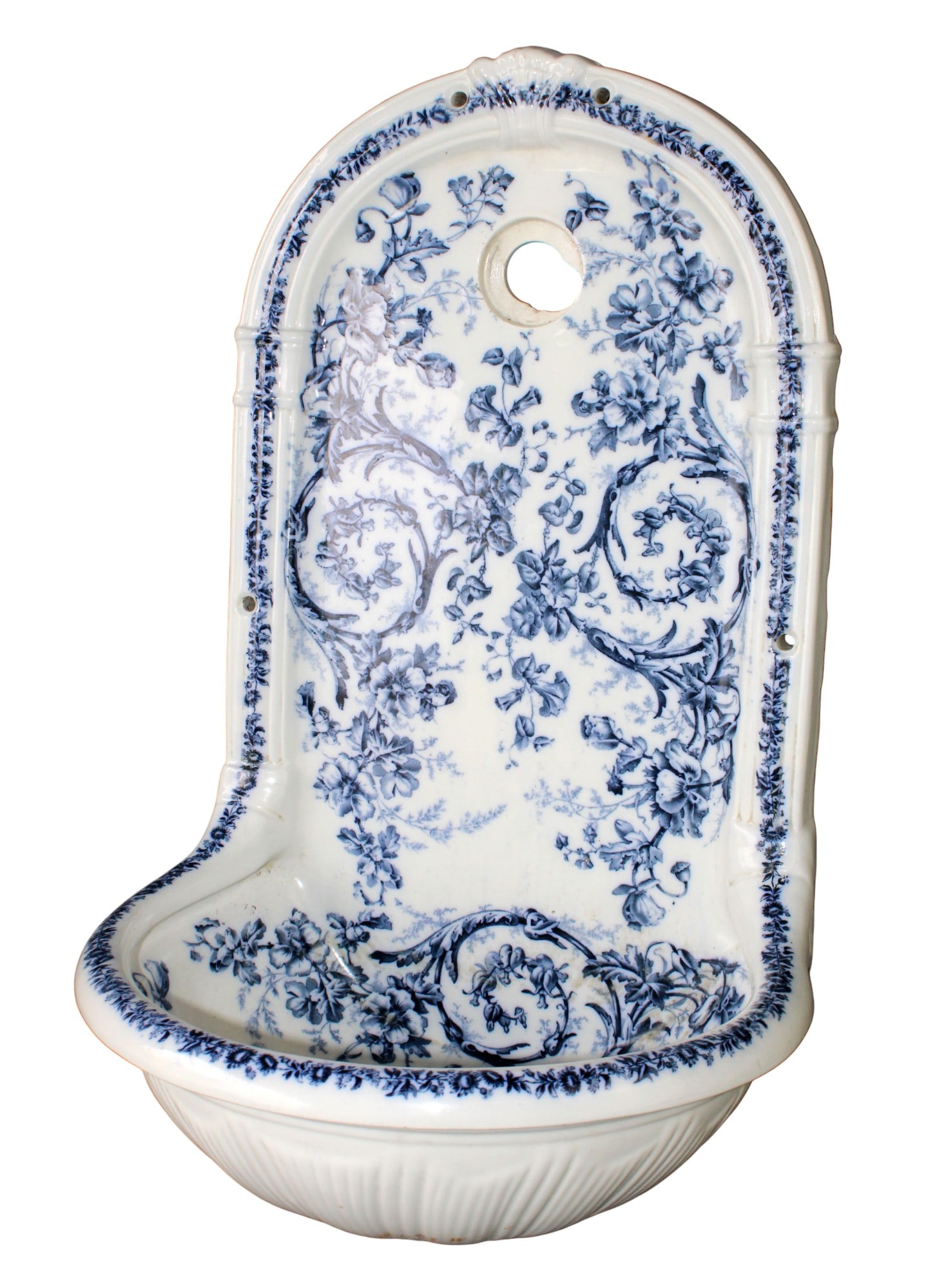 English Cauldon blue & white earthenware wall fountain: English Cauldon blue & white earthenware wall fountain, 26"h x 15"w x 13"d Weight: 20lbs