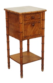 French faux bamboo night stand chevet in birds eye maple with marble top