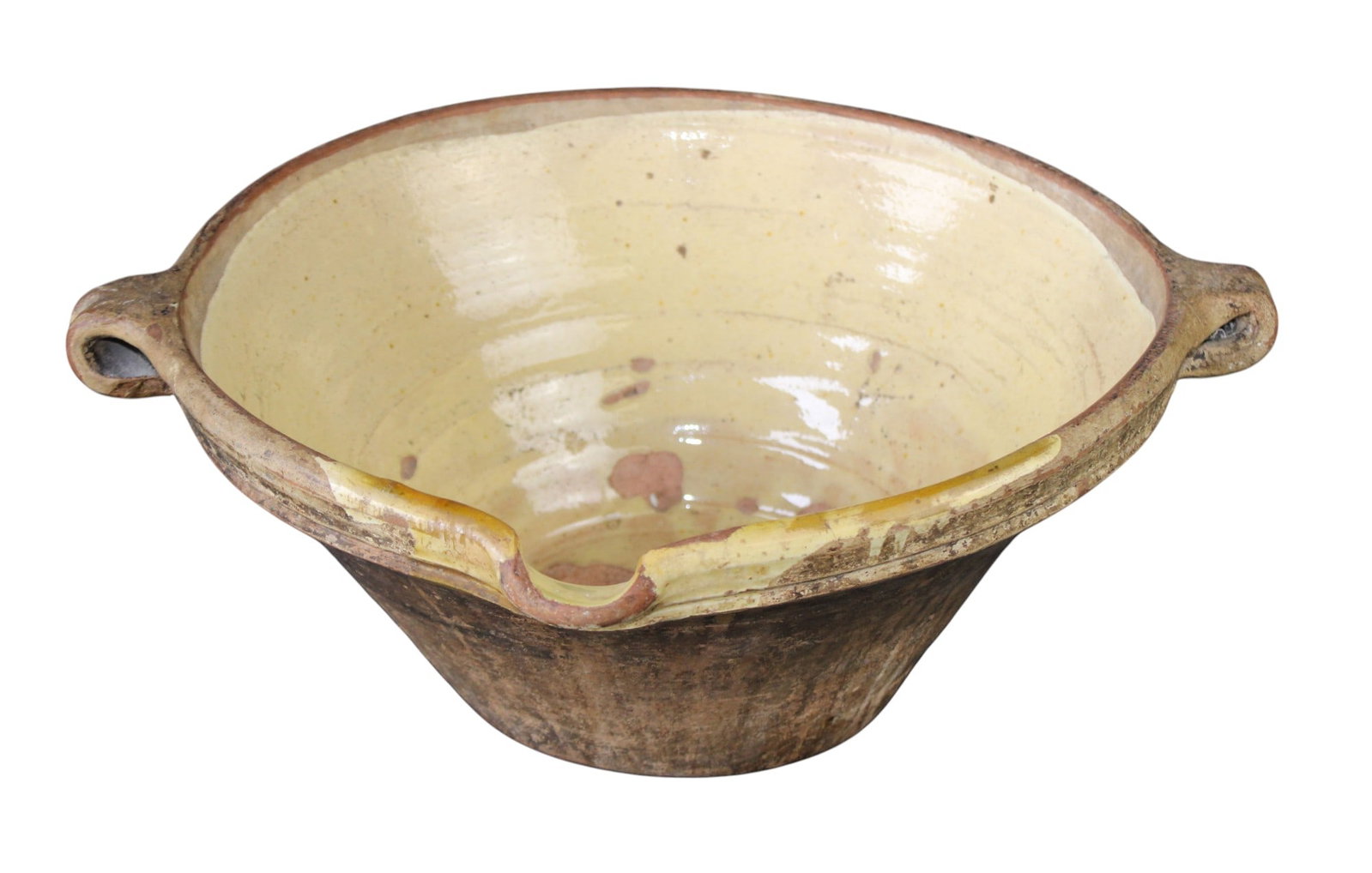 French glazed terra cotta tian bowl: French glazed terra cotta tian bowl. 6 1/4"h x 16 1/2"w x 14 1/2"d. Weight: 6lbs
