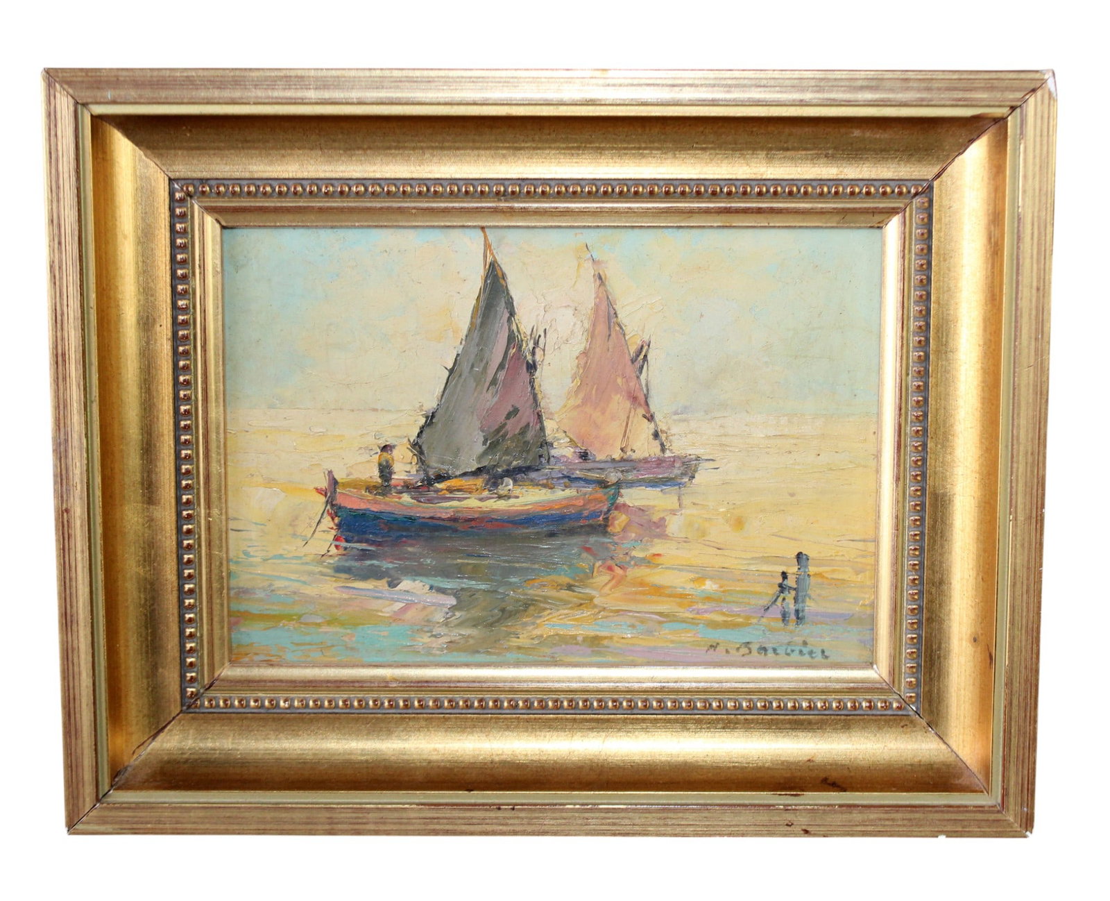 Antoine Barbier (French, 1859-1948) oil on artist board painting sailboats: Antoine Barbier (French, 1859-1948) oil on artist board painting depicting sailboats. 9 1/4"h x 11 7/8"w overall framed size 5 1/2"h x 8"w sight. Weight:2lbs