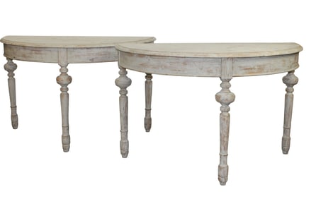 Pair of Swedish demi lune painted pine console tables