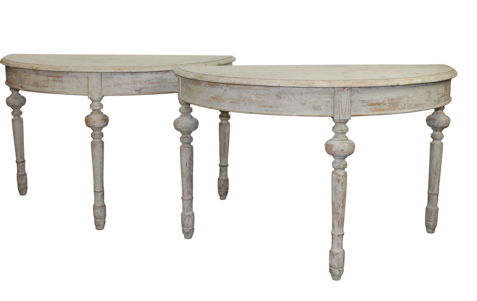 Pair of Swedish demi lune painted pine console tables: Pair of Swedish demi lune painted pine console tables. 19th century.29 1/2"h x 47"w x 23 1/2"d EACH As table 29 1/2"h x 47"dia