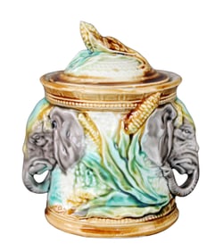 French Majolica tobacco jar with elephant handles