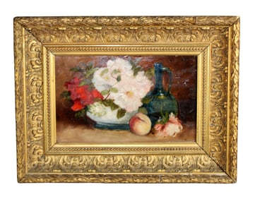 French oil on board painting still life with flowers in vase