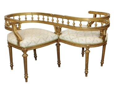 French Louis XVI style giltwood tete a tete settee