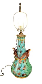 Majolica vase with birds mounted as a lamp