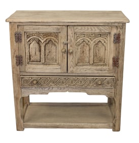 English 2 door court cupboard cabinet in carved bleached oak