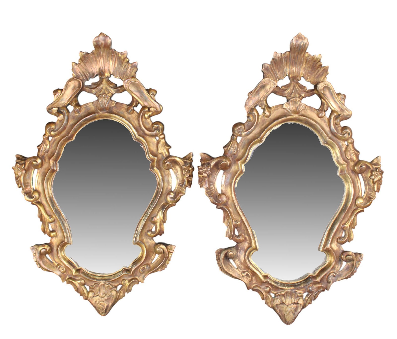Pair of Italian shield form giltwood mirrors: Pair of Italian shield form giltwood mirrors. Mid 20th century. 27"h x 17 1/2"w Weight: 5lbs each