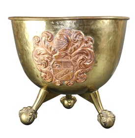 English brass and copper footed coal scuttle on ball and claw feet