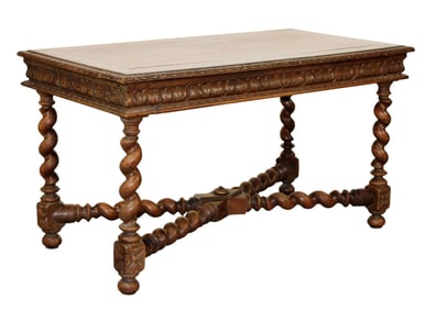 French carved oak bureau plat desk with crossed barley twist stretcher