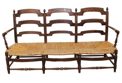 French 3 seat ladder back farmhouse bench with rush seat