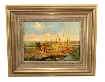 French petit oil on board painting hunting scene with dogs and horses