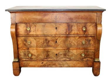 French Empire commode in walnut and burled walnut with marble top