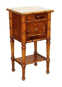 French faux bamboo pine side table chevet with marble top