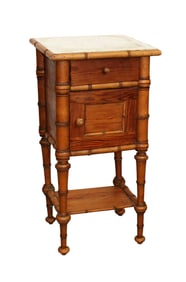 French faux bamboo pine side table chevet with marble top