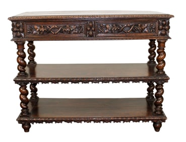 French lift top tiered server in carved oak with marble top