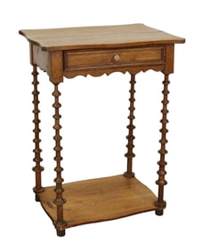 French petit side table in oak on bobbin legs with single drawer