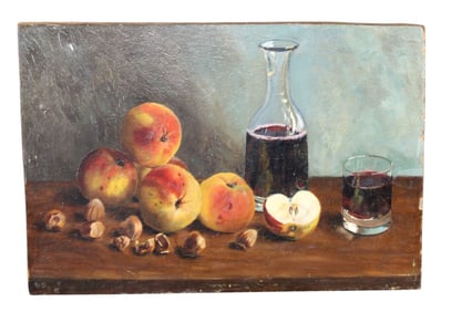 French oil on board still life painting with wine and fruit
