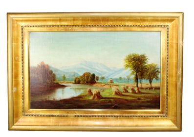 Oil on canvas landscape painitng with hayfields