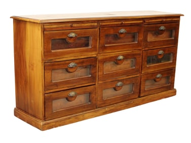 French 9 drawer mercantile cabinet with glass front drawers