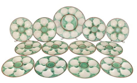 Lot of 12 French Majolica oyster plates and platter