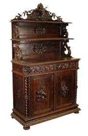 French carved oak St Hubert with deer head crest