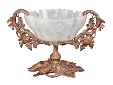 Black Forest carved walnut centerpiece with etched crystal bowl
