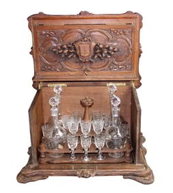 French carved oak tantalus box with deer head