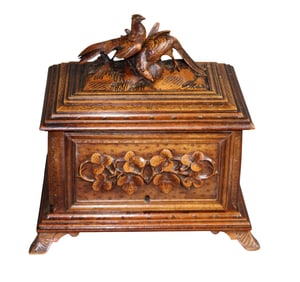 Black Forest carved walnut cigar box with birds