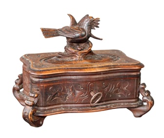 Swiss Black Forest carved walnut dresser box with bird marked Geneve
