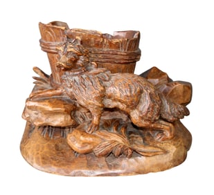 Black Forest carved walnut match holder with dog