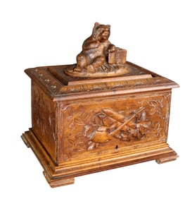 Black Forest walnut humidor box with carved bear