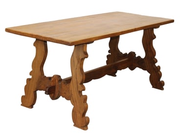 French trestle table in oak with shaped stretcher