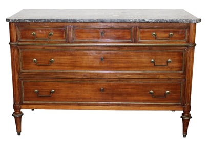 French Louis XVI 3 drawer commode in walnut with bronze trim