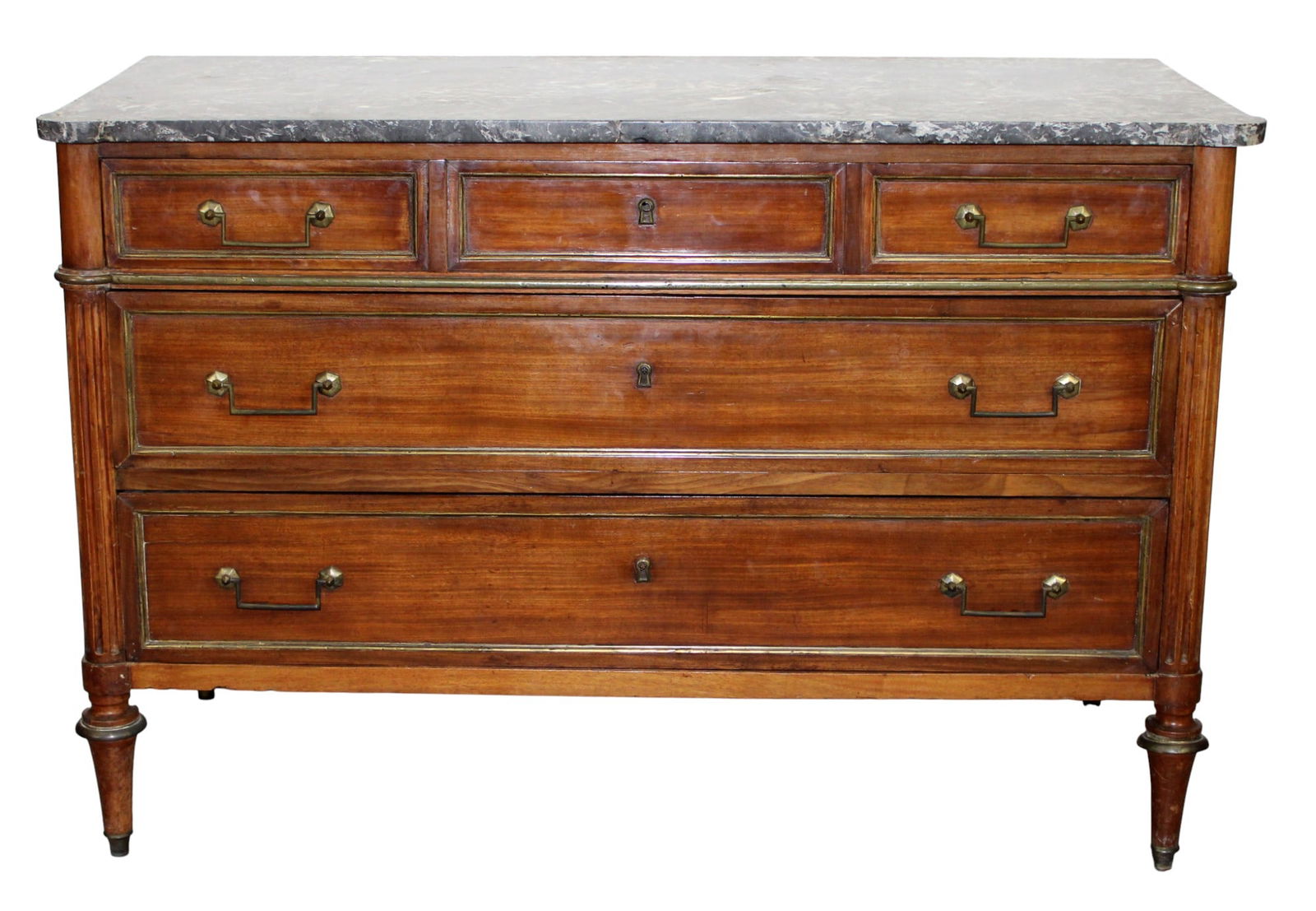 French Louis XVI 3 drawer commode in walnut with bronze trim (1 of 13)