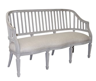 Swedish style curved side 3 seater bench with linen upholstery