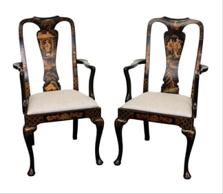 Pair of English Queen Anne style black lacquer Chinoiserie arm chairs
